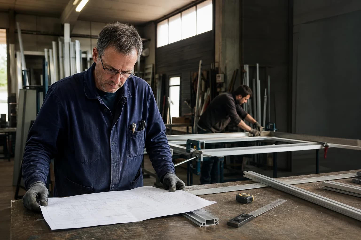 Un fabricant vérifie un plan dans son atelier de menuiserie
